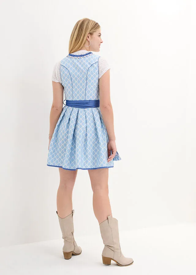 Traje tirolés hasta la rodilla con delantal (2 piezas) azul brillante/azul ártico